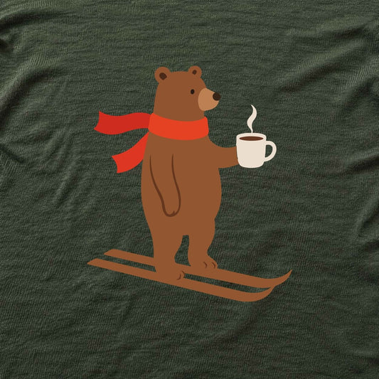 Skiing Coffee Bear T-shirt - Military Green - hero