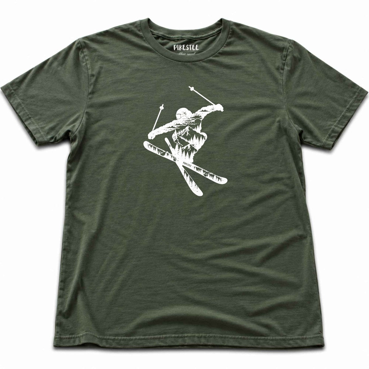 Mountain Landscape Ski Jump T-shirt - Military Green
