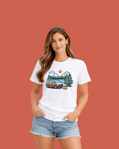 Cartoon Van Lake Mountain T-shirt