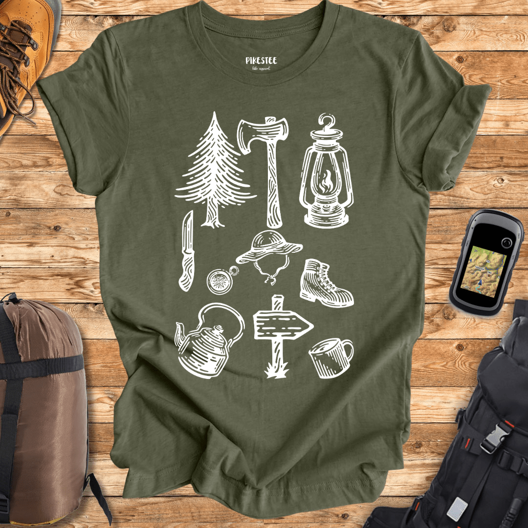 "Hiking Equipment, Survival Mod" graphic T-shirt