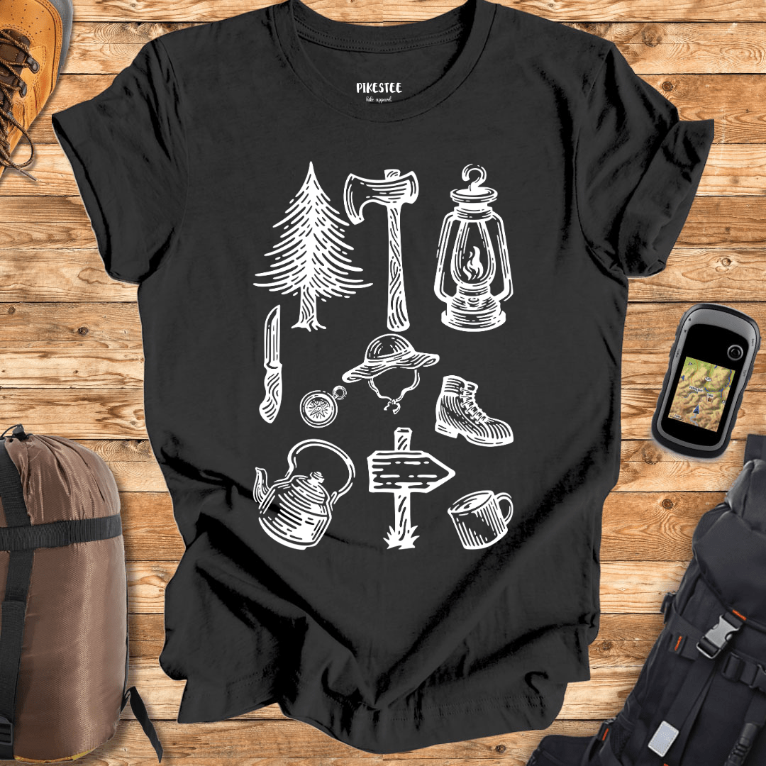 "Hiking Equipment, Survival Mod" graphic T-shirt