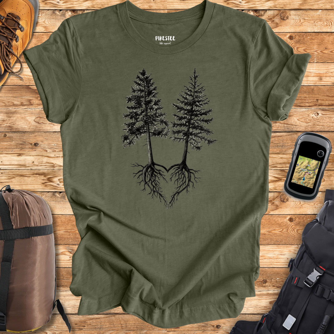 "Pine Trees Roots Heart" graphic T-shirt