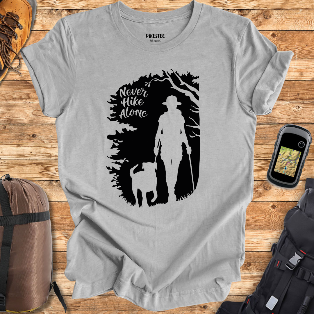 "Never Hike Alone Deep Forest" graphic T-shirt