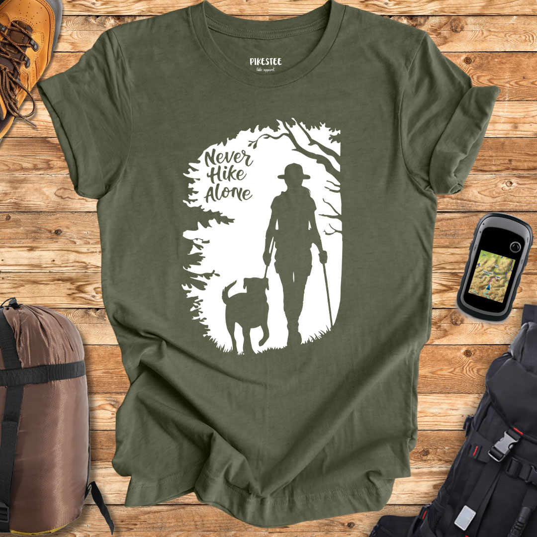 "Never Hike Alone Deep Forest" graphic T-shirt