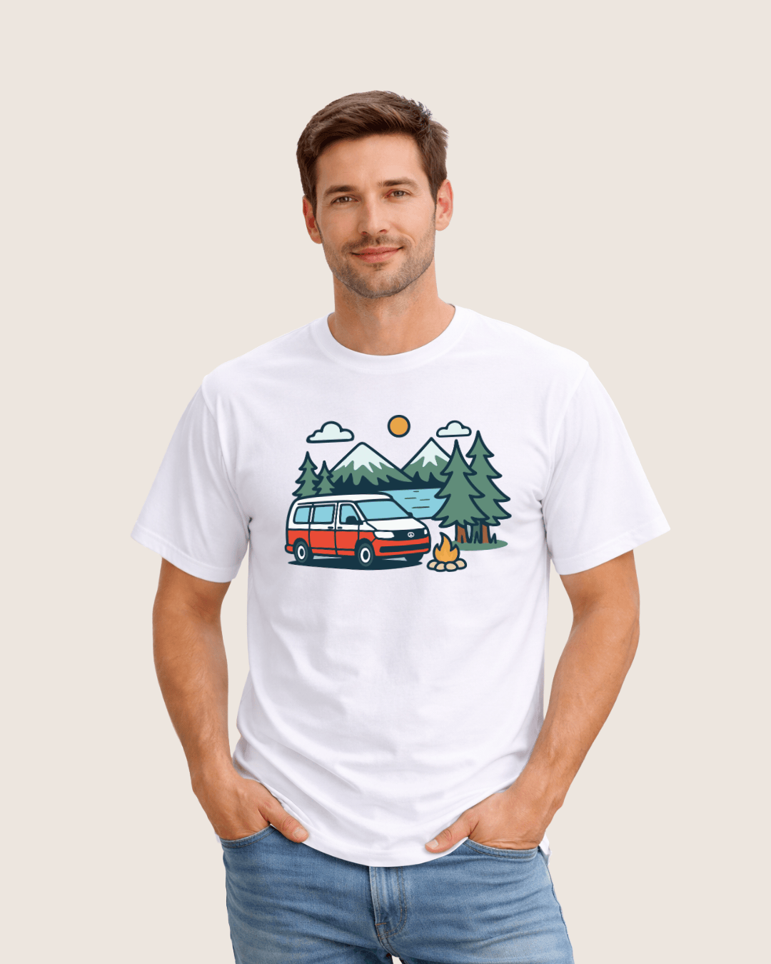 Cartoon Van Lake Mountain T-shirt