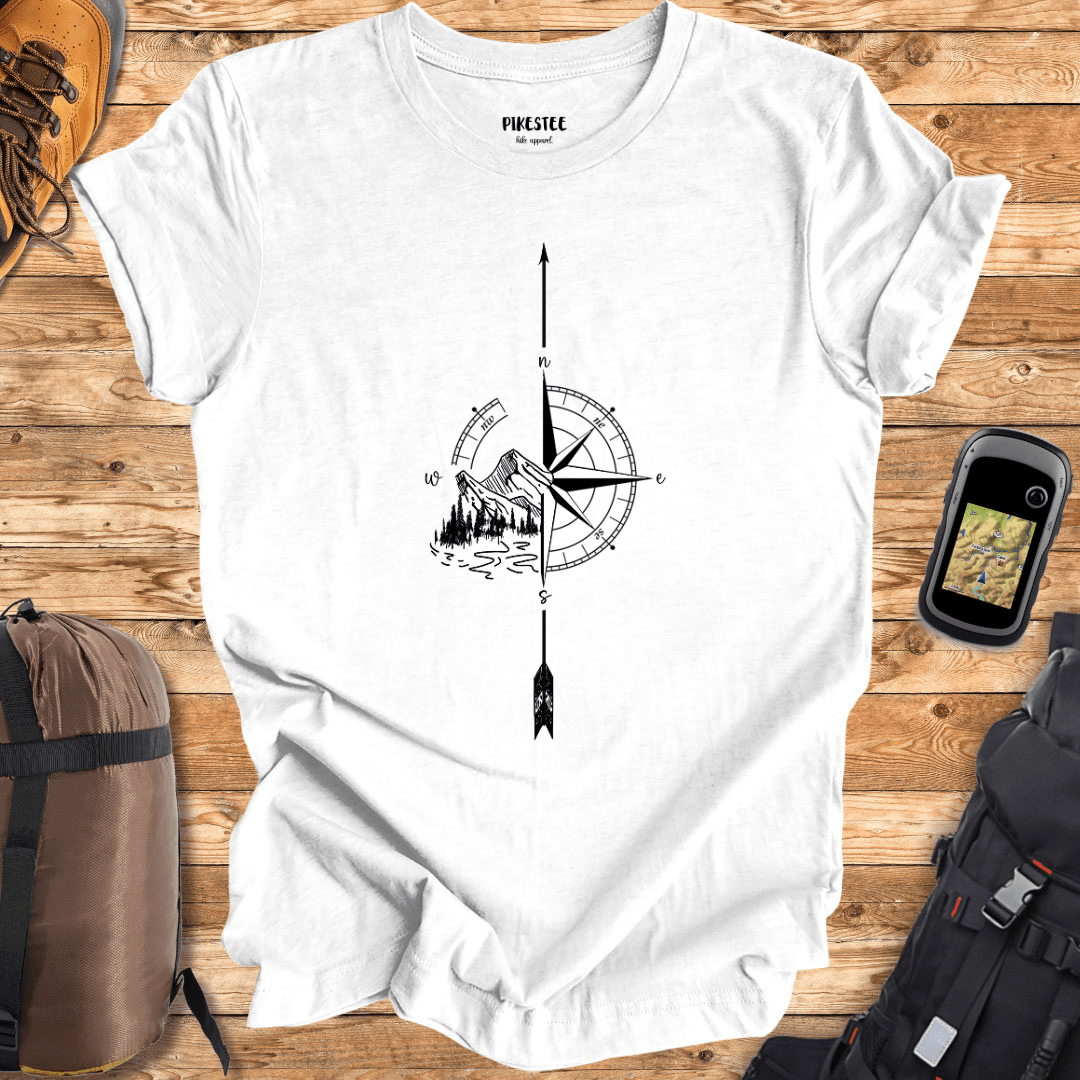 "Arrow Compass and mountain" White graphic T-shirt