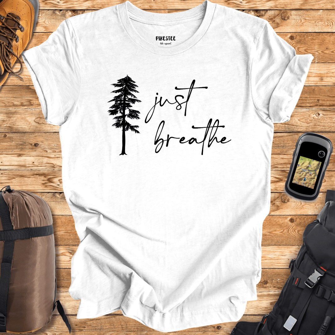 "Just Breathe" white graphic T-shirt