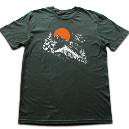 Hand Drawn Ski Cabin T-shirt - Military Green