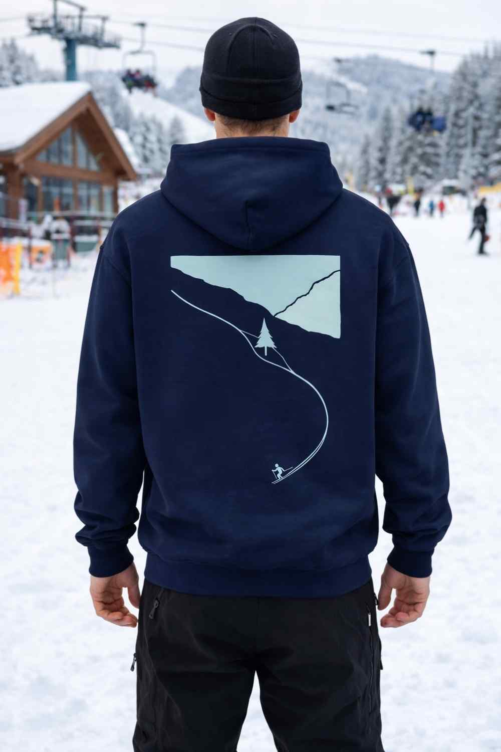 Cartoon Ski Path Back-Print Hoodie