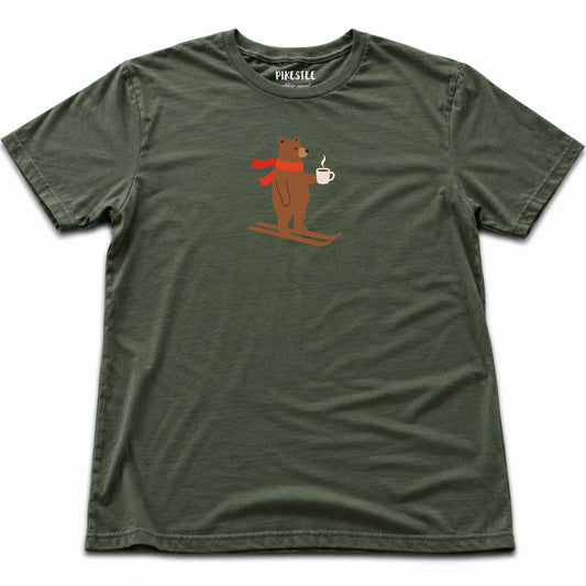 Skiing Coffee Bear T-shirt - Military Green
