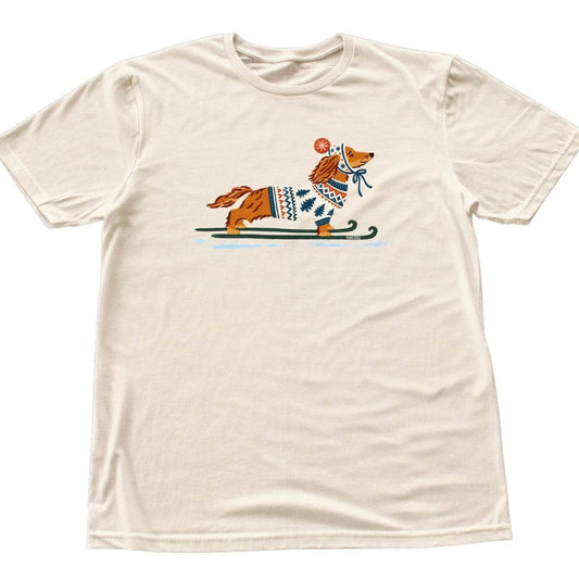 Skier Dachshund T-shirt - Natural