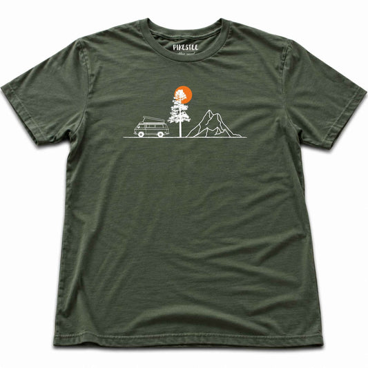 Van, Tree, Mountain T-shirt - Military Green